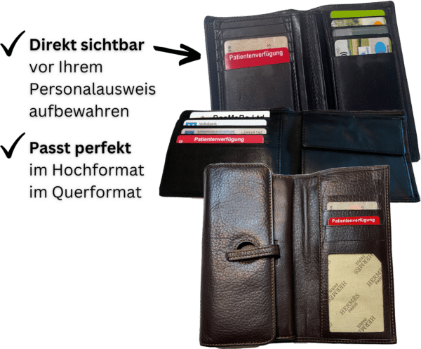 Patientenverfügung-Ausweis Scheckkarte hoch- und querformatig in einer Brieftasche